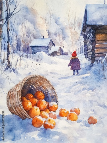 A girl and tangerines. A Christmas card, a watercolor illustration, an overturned basket of tangerines in the snow, a little girl in winter clothes is blurred against the background of wooden houses.
