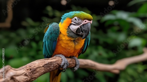 An up-close view of a stunning macaw amidst vibrant greenery, capturing the intricate details and colors of this breathtaking tropical bird.