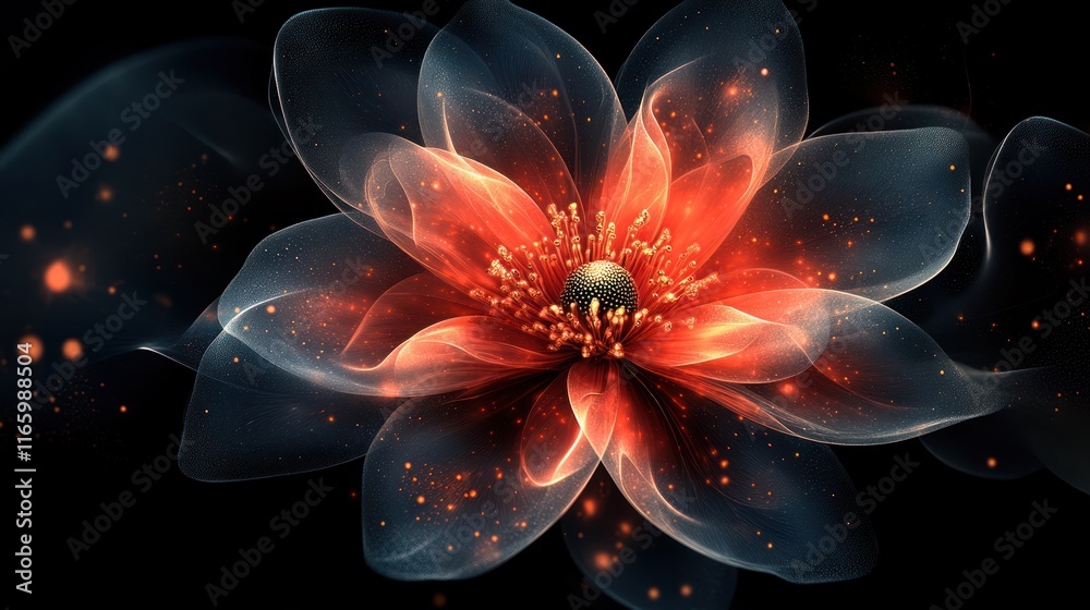 Glowing translucent red flower with dark background and sparks. Glowing translucent red flower with dark background and sparks.