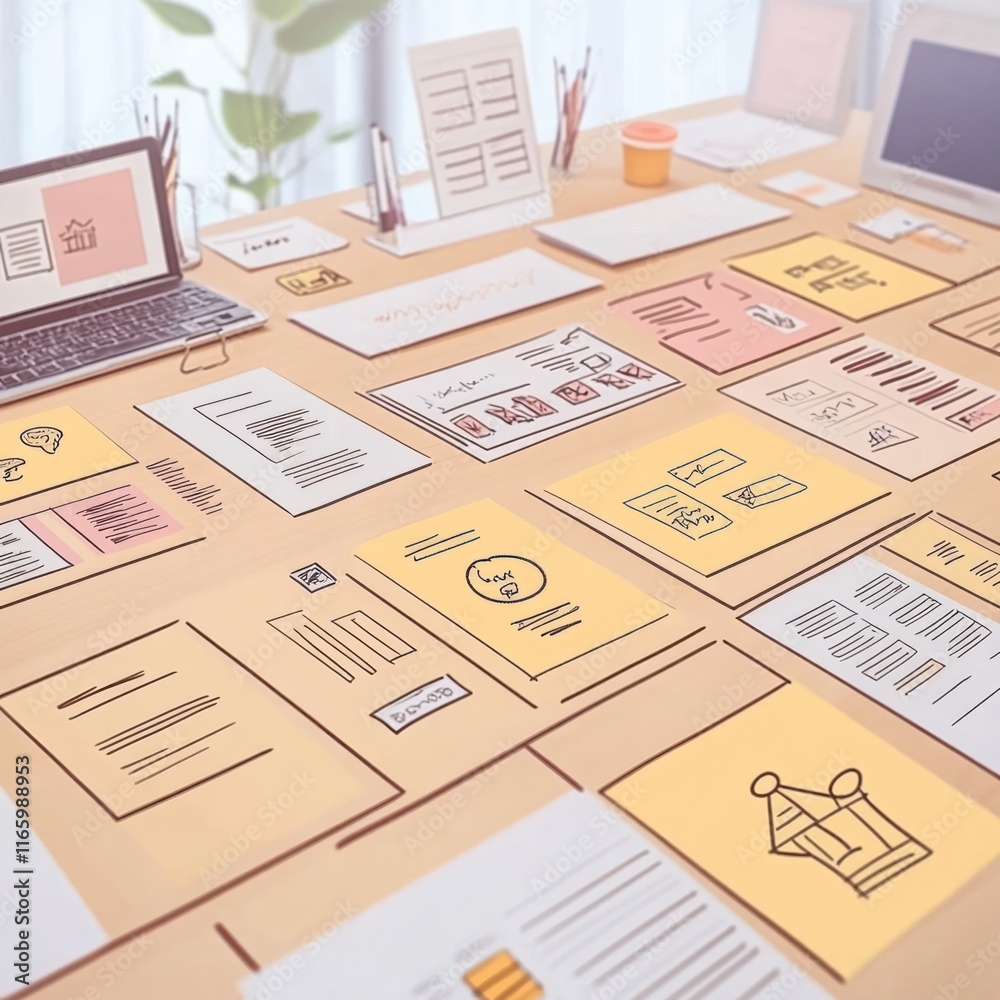 Obraz premium Cozy Workspace with Colorful Sticky Notes and Digital Devices on a Bright Desk, Ideal for Creativity and Productivity in Modern Office Settings