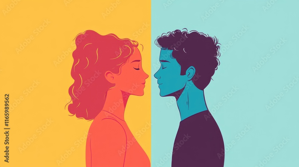 Couple flat design side view intimate theme cartoon drawing Split-complementary color scheme Couple flat design side view intimate theme cartoon drawing Split-complementary color scheme