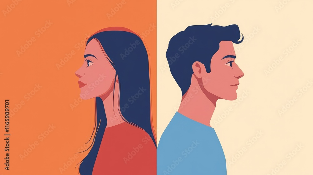 Couple flat design side view intimate theme cartoon drawing Split-complementary color scheme