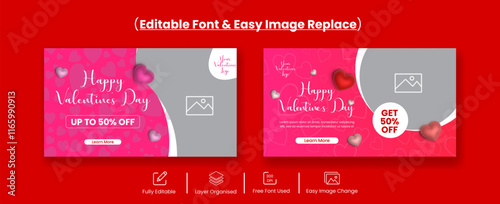Valentines Day celebration party editable Horizontal web banner, social media cover header and Valentines web banner, Valentine's Day illustration background design