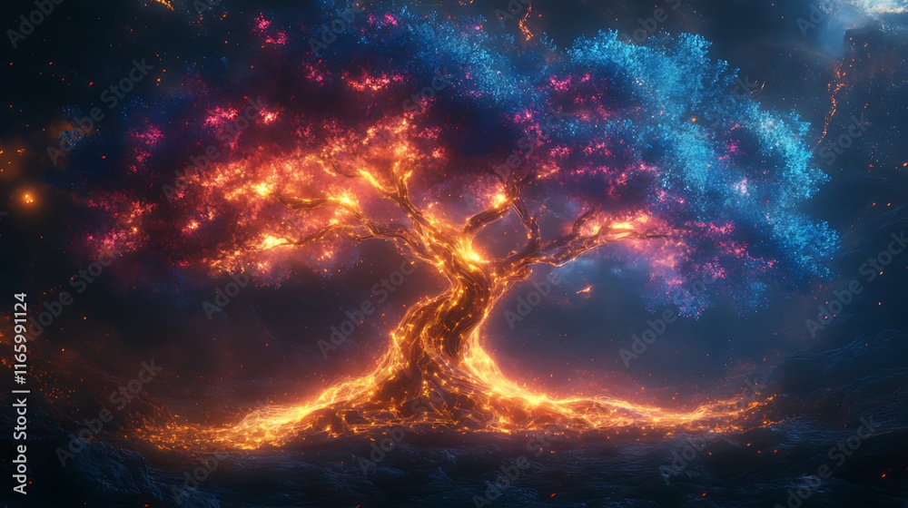 Fiery and icy tree of life glowing in dark night. Fiery and icy tree of life glowing in dark night.