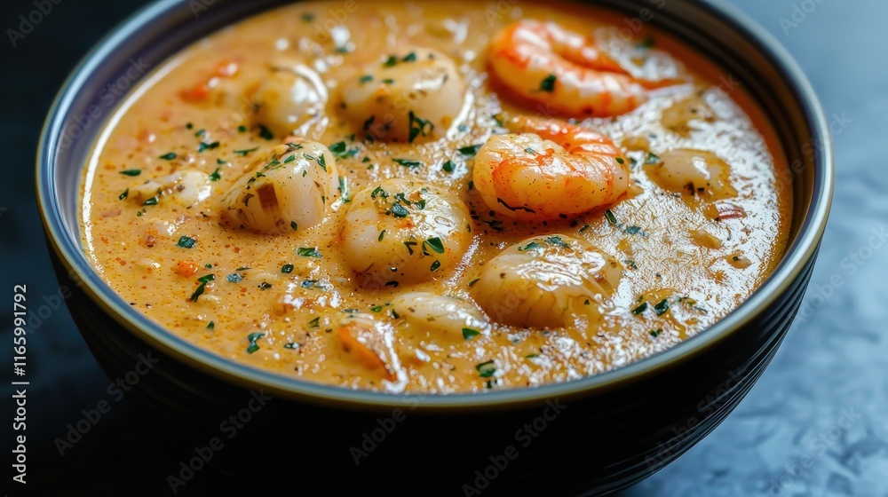 A delicious seafood stew with shrimp and scallops in a creamy broth. A delicious seafood stew with shrimp and scallops in a creamy broth.