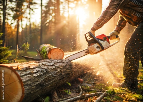 a chainsaw saws wood, sawdust flies around, the sun's rays photo