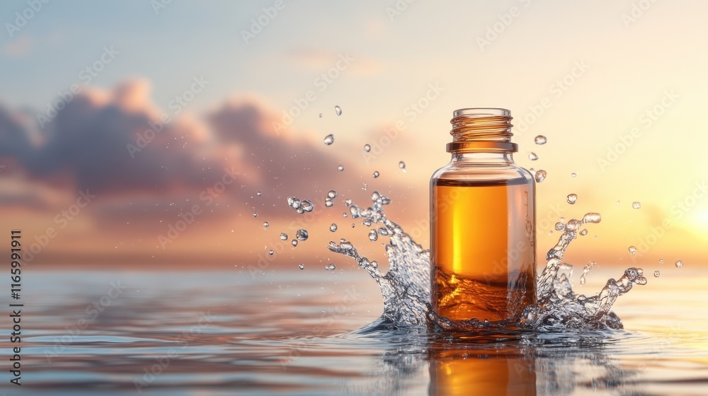 Captured mid-splash, this bottle of amber liquid showcases an invigorating herbal essence against a serene sunset backdrop, symbolizing vitality and refreshment. Captured mid-splash, this bottle of amber liquid showcases an invigorating herbal essence against a serene sunset backdrop, symbolizing vitality and refreshment.