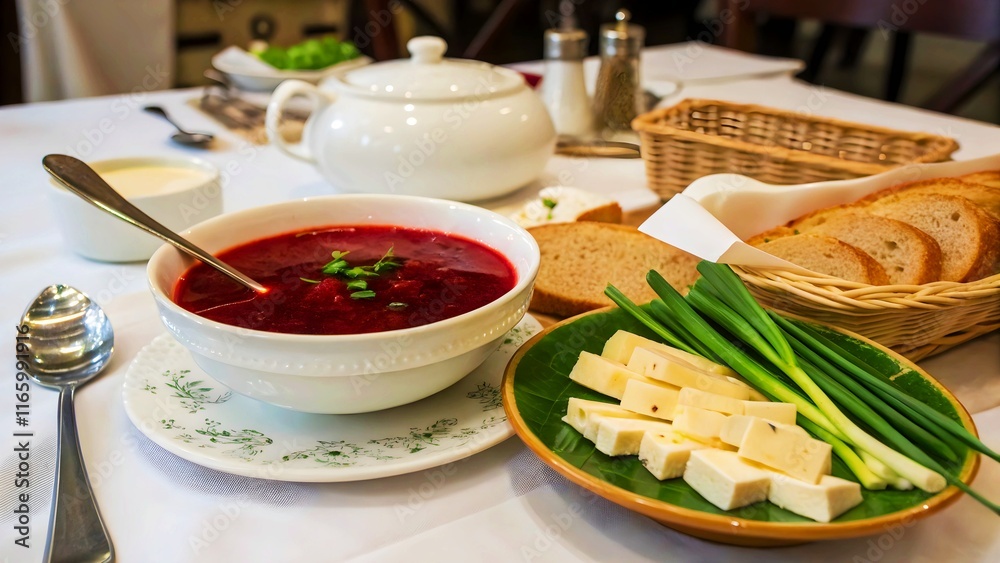 a photo of food. A set table. Supper. There is a deep plate with red borscht on the table, next to it lies a spoon, bread, sliced cheese, napkins. Green onions, salt shaker. a photo of food. A set table. Supper. There is a deep plate with red borscht on the table, next to it lies a spoon, bread, sliced cheese, napkins. Green onions, salt shaker.