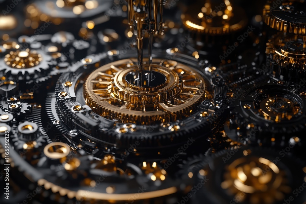 Fototapeta premium Intricate gold and black gears in motion showcasing precision engineering at close range