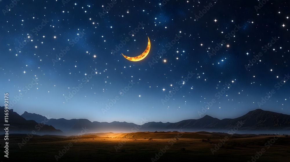 A serene night sky filled with twinkling stars and a crescent moon, symbolizing the beginning of the holy month of Ramadan A serene night sky filled with twinkling stars and a crescent moon, symbolizing the beginning of the holy month of Ramadan