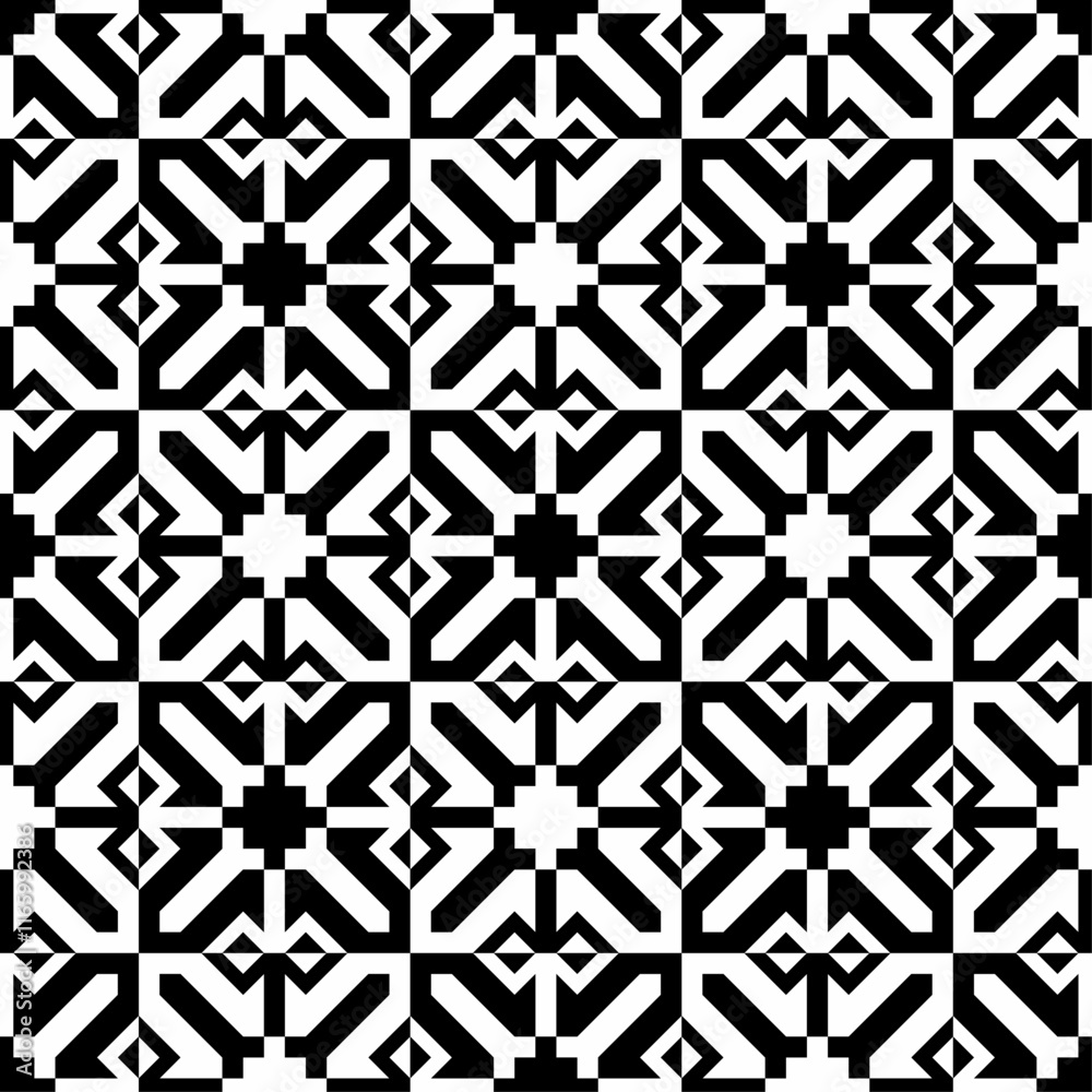 Seamless black and white geometric pattern, featuring a symmetrical design with abstract shapes. Suitable for backgrounds, wallpapers, textiles, fabrics and various creative projects. Seamless black and white geometric pattern, featuring a symmetrical design with abstract shapes. Suitable for backgrounds, wallpapers, textiles, fabrics and various creative projects.