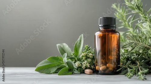 An amber bottle sits artistically amid fresh herbs, hinting at essential oils or supplements, embracing the theme of natural wellness and holistic health. photo