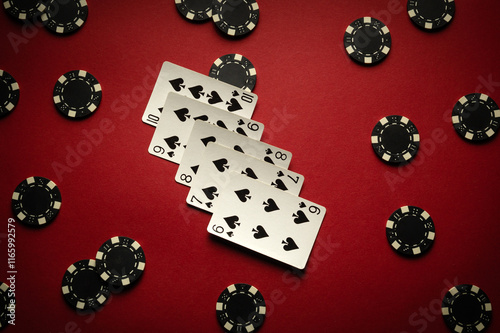 Several straight flush playing cards lie on a red table surrounded by chips. The atmosphere is charged with anticipation and poker strategy as players get involved in the game photo