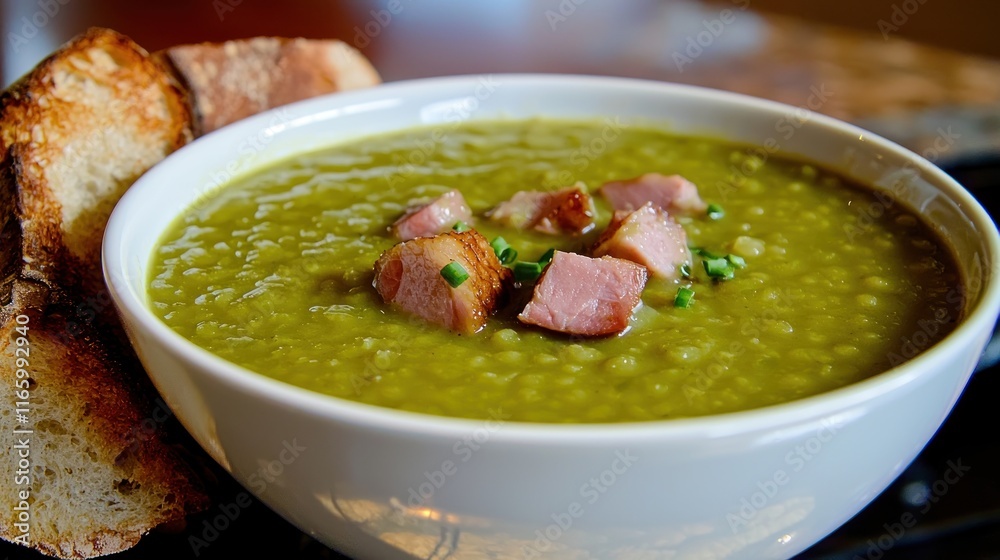 A bowl of green pea soup garnished with ham and served with toast. A bowl of green pea soup garnished with ham and served with toast.