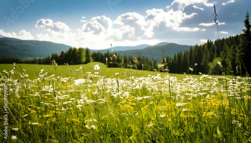 Serene summer meadow with wildflowers blooming under a bright, cloudy sky. Lush green grass and distant mountains create a picturesque landscape ideal for travel, nature, and environmental themes. photo