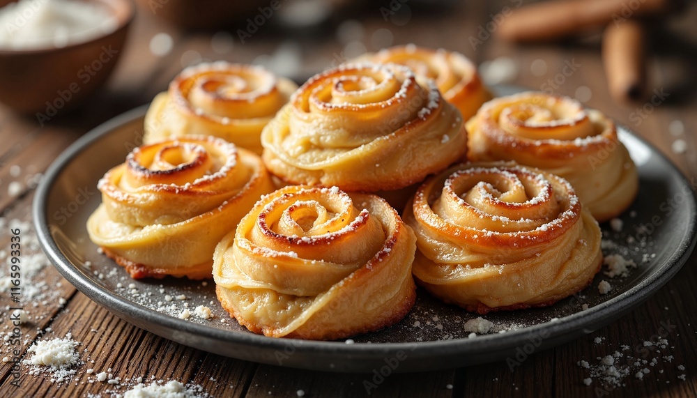 Delicious korvapuusti cinnamon rolls arranged on a dark plate with powdered sugar Delicious korvapuusti cinnamon rolls arranged on a dark plate with powdered sugar