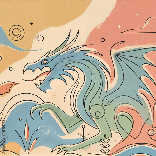 A minimalist illustration of a fierce dragon created with dynamic lines, pastel tones, and abstract shapes, evoking fantasy and adventure in a modern and artistic style