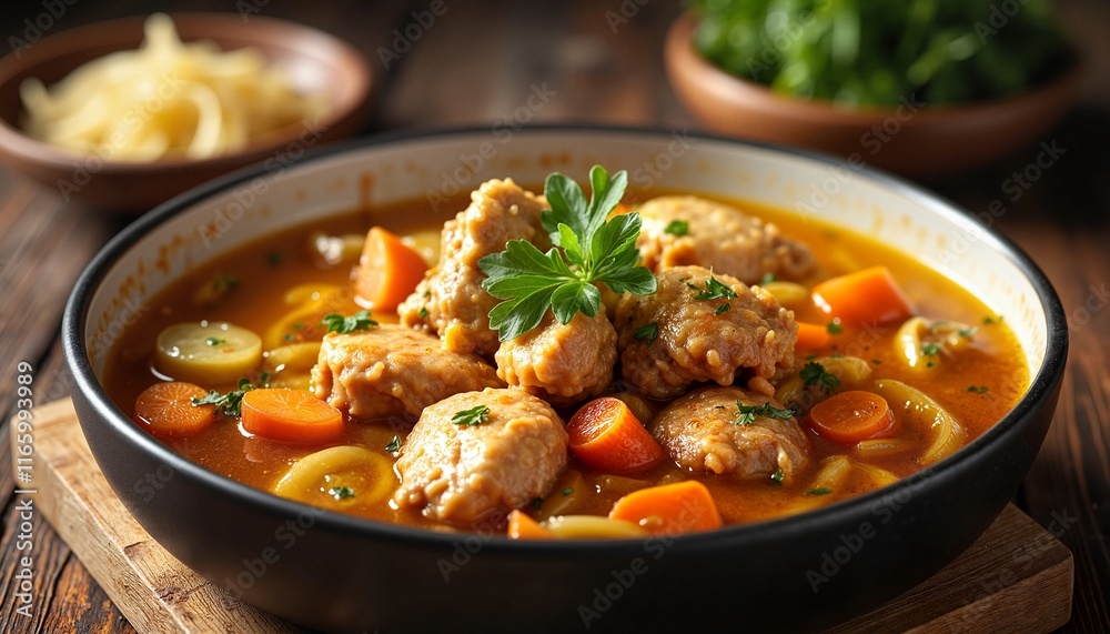 Delicious chicken soup with vegetables and meatballs on a wooden table Delicious chicken soup with vegetables and meatballs on a wooden table