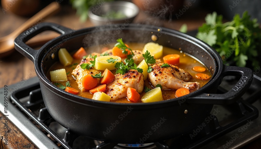 Hearty chicken stew with carrots and potatoes in a black pot on a stove Hearty chicken stew with carrots and potatoes in a black pot on a stove