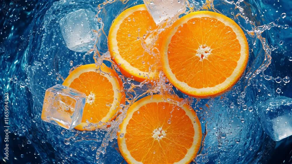 Juicy orange slices fall into ice water with spray