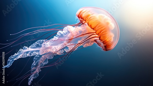 A stunning jellyfish gracefully swims in crystal-clear water, its ethereal beauty captured in vibrant colors, evoking a sense of wonder and peace beneath the surface. photo