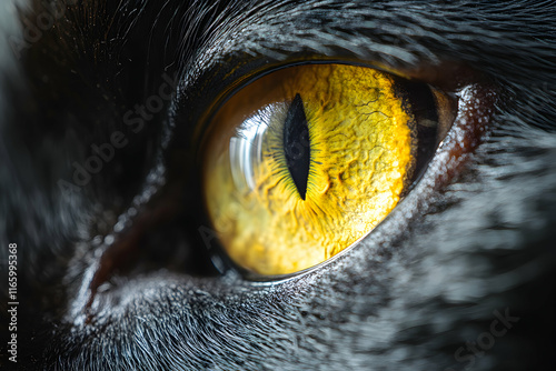 Close-up of a black cat's luminous golden eye, showcasing intricate details and textures.  A captivating image perfect for themes of mystery, pets, and wildlife. photo