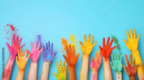 Colorful and Creative Hands Covered in Paint on a Blue Background Showcasing Art, Fun, and Expression for Children and Arts and Crafts Activities