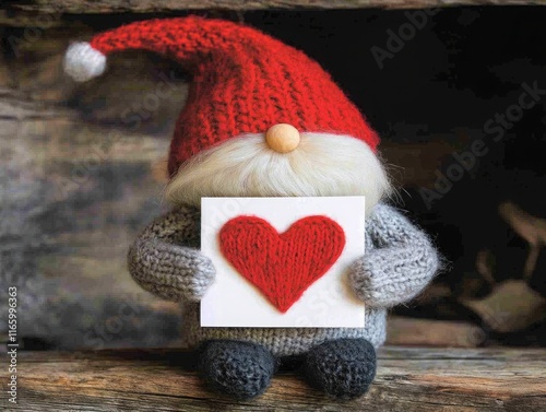 Cute gnome with red hat and knitted heart holding a greeting card in a rustic wooden background, perfect for holiday and seasonal decorations or greeting cards photo