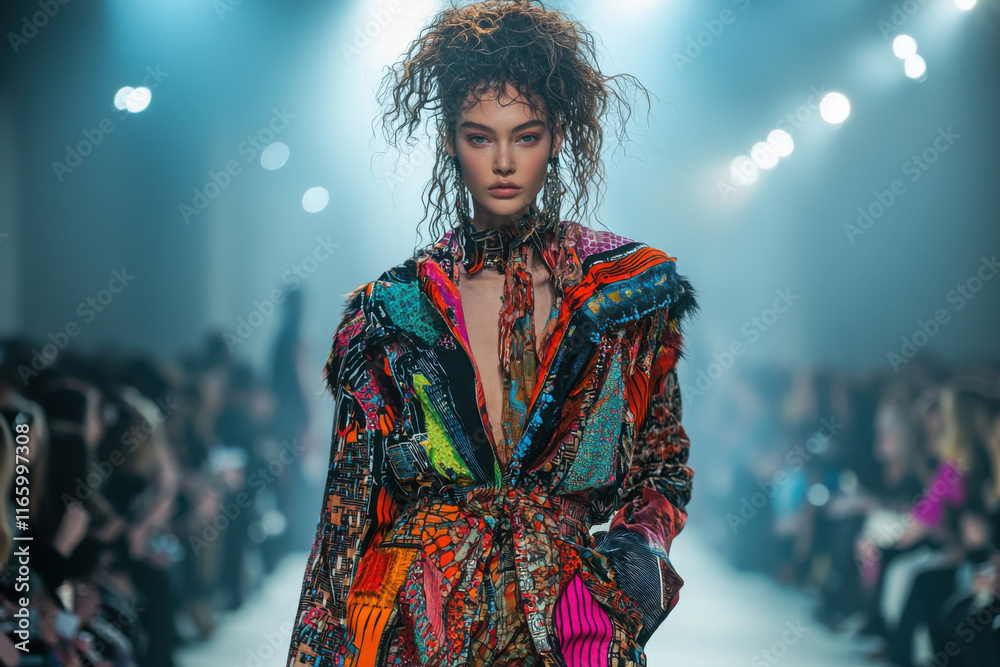 Fototapeta premium Runway model in vibrant avant-garde outfit