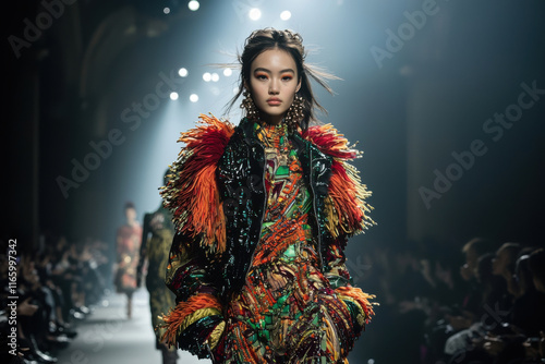 Runway model in vibrant avant-garde outfit