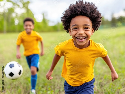 Happy children playing soccer outdoors in a lush green field, showcasing joy, energy, and the spirit of childhood fun while engaging in sports activities together. photo