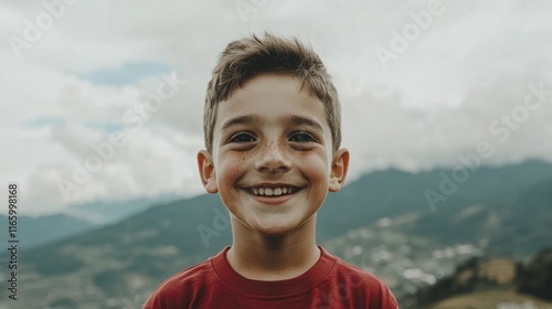 Cheerful Young Boy Standing Outdoors in a Scenic Landscape with Mountains and Clouds in the Background, Radiating Joy and Happiness photo