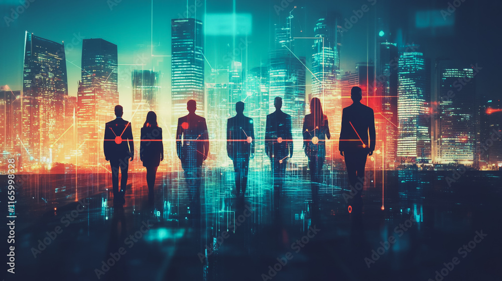 Abstract business team stands on the peak of success amid tall, innovative Smart city and graphs with statistics to analyze business potential and predict future developments in company growth. Abstract business team stands on the peak of success amid tall, innovative Smart city and graphs with statistics to analyze business potential and predict future developments in company growth.