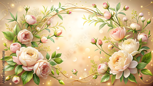 Luxury floral frame with golden roses, peonies, and butterflies on beige bokeh background, 3d rendering