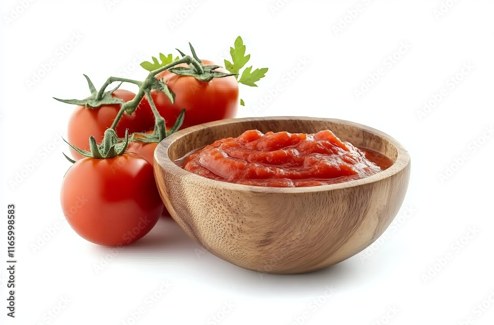 A wooden bowl of tomato sauce with fresh tomatoes on the side, isolated on a white background. tomatoes in a glass bowl A wooden bowl of tomato sauce with fresh tomatoes on the side, isolated on a white background. tomatoes in a glass bowl