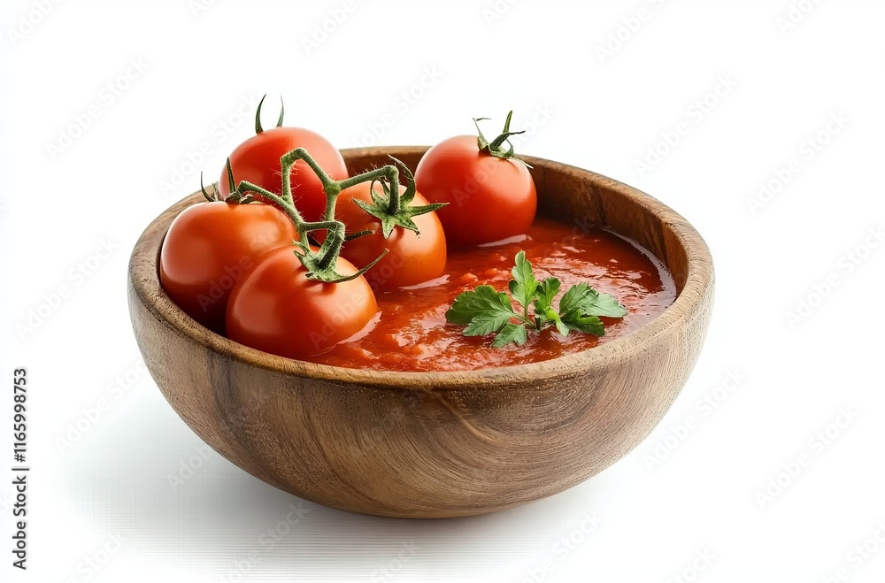 A wooden bowl of tomato sauce with fresh tomatoes on the side, isolated on a white background. tomatoes in a glass bowl A wooden bowl of tomato sauce with fresh tomatoes on the side, isolated on a white background. tomatoes in a glass bowl