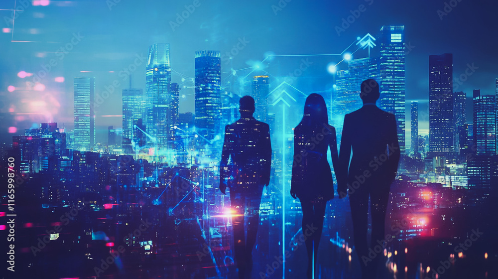 Fototapeta premium Abstract business team stands on the peak of success amid tall, innovative Smart city and graphs with statistics to analyze business potential and predict future developments in company growth.