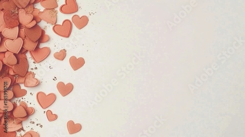 Beautiful assortment of tiny heart shapes scattered across a soft pastel surface, ideal for romantic themes, Valentine's Day, and heartfelt celebrations in photography and design projects photo