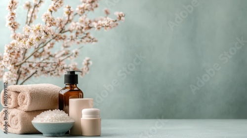 A tranquil spa setting featuring neatly arranged towels and calming beauty products, designed to evoke relaxation, serenity, and self-care in a minimalist environment. photo