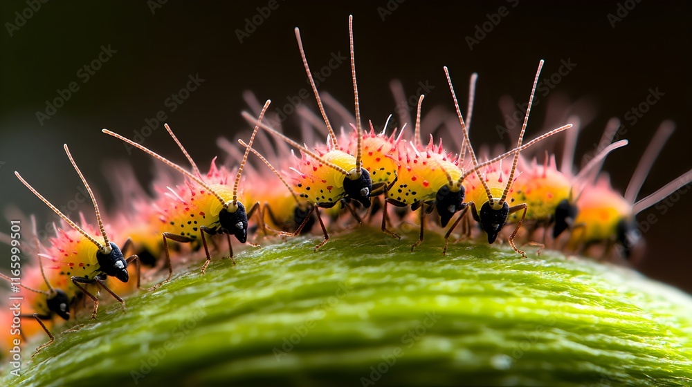 A visually arresting close up shot showcasing a dense colony of aphids infesting a thriving plant their slender antennae twitching as they secrete alluring pheromones to draw in more of their kind A visually arresting close up shot showcasing a dense colony of aphids infesting a thriving plant their slender antennae twitching as they secrete alluring pheromones to draw in more of their kind