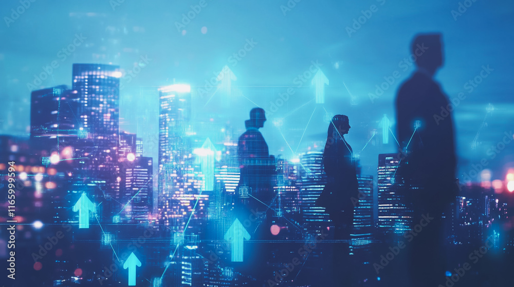 Abstract business team stands on the peak of success amid tall, innovative Smart city and graphs with statistics to analyze business potential and predict future developments in company growth. Abstract business team stands on the peak of success amid tall, innovative Smart city and graphs with statistics to analyze business potential and predict future developments in company growth.