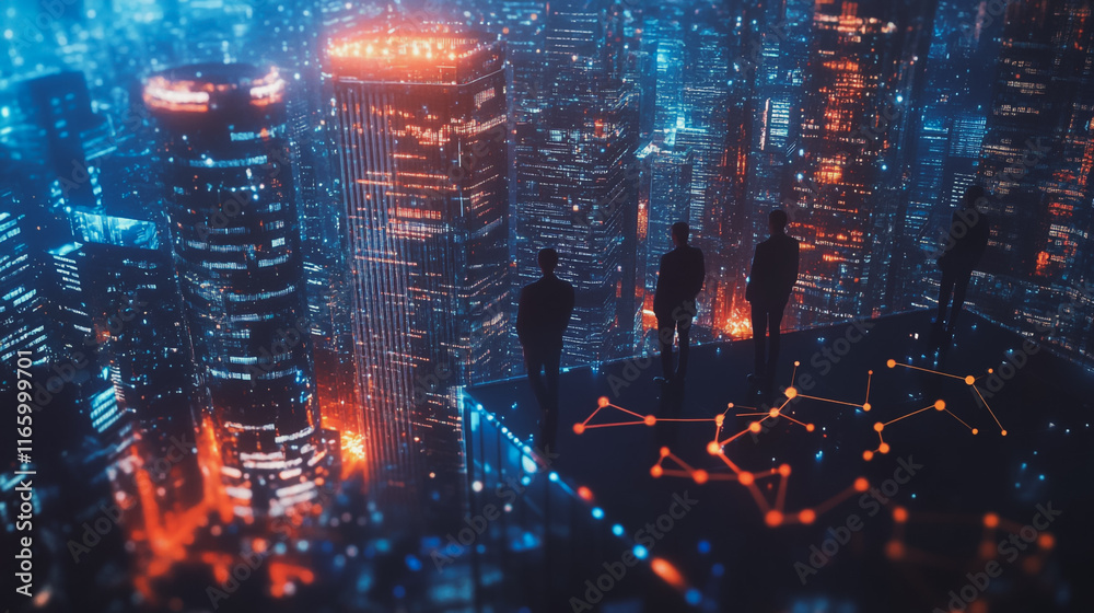 Fototapeta premium Abstract business team stands on the peak of success amid tall, innovative Smart city and graphs with statistics to analyze business potential and predict future developments in company growth.