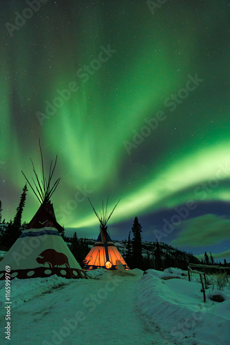 Tent at night with the northern lights. Yukon, Canada.