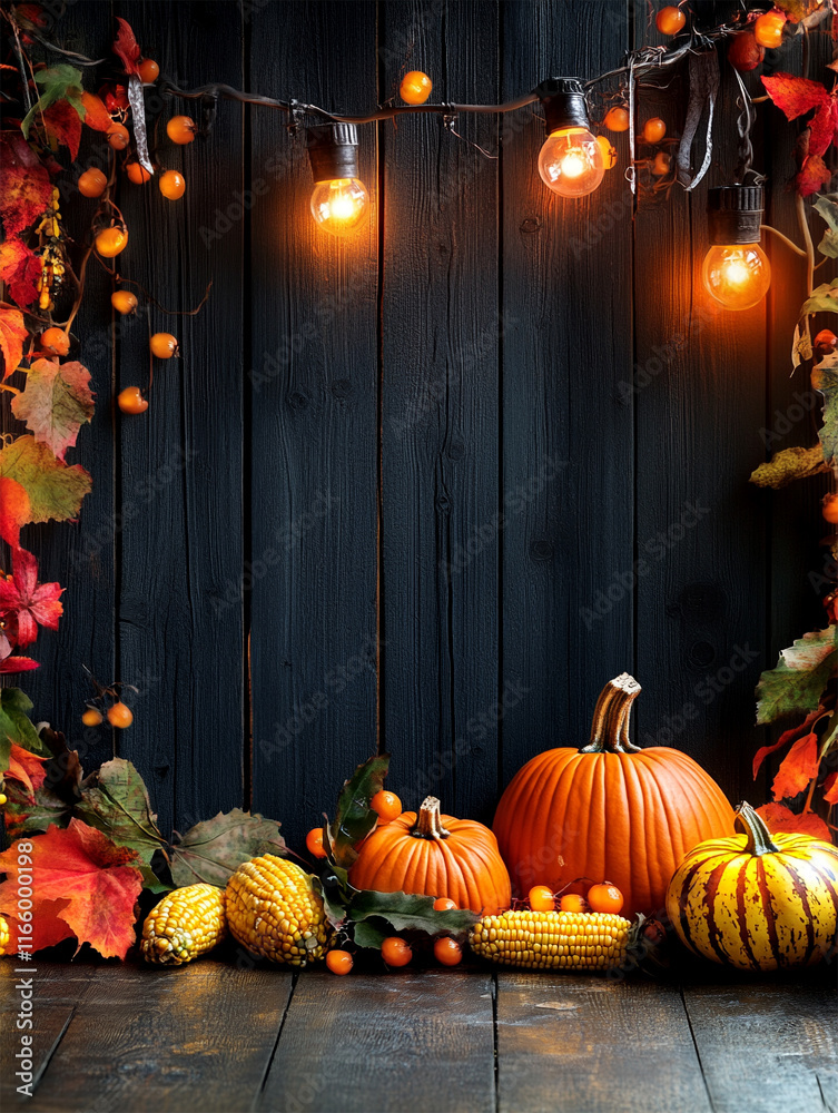 Obraz premium Thanksgiving day concept pumpkins with corn and other fruits decoration on black texture background
