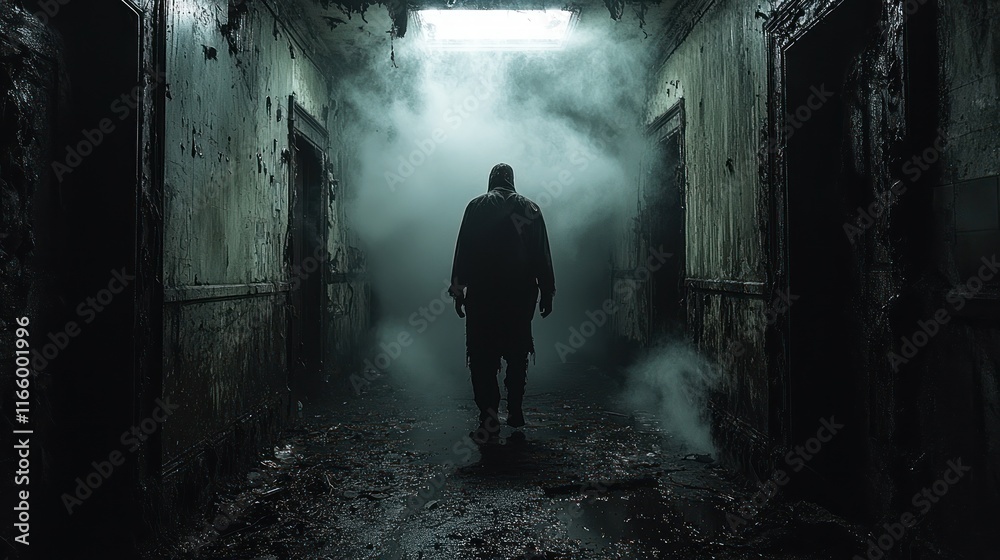 A figure walks through a foggy, abandoned corridor. A figure walks through a foggy, abandoned corridor.