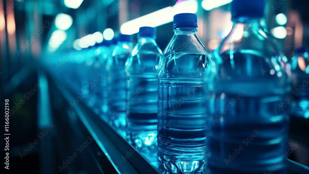 A row of clear plastic water bottles moving along an illuminated conveyor belt in an industrial bottling plant.