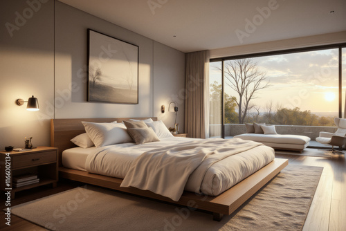 A photo of minimalistic bedroom interior design: A bedroom with a large bed and a large window.