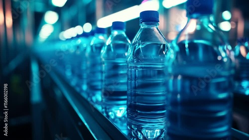 A row of clear plastic water bottles moving along an illuminated conveyor belt in an industrial bottling plant.