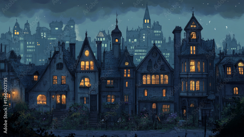 City buildings and skyscrapers view from below at night. Downtown, city street with houses with glowing windows and dark sky in bottom view, vector cartoon illustration City buildings and skyscrapers view from below at night. Downtown, city street with houses with glowing windows and dark sky in bottom view, vector cartoon illustration