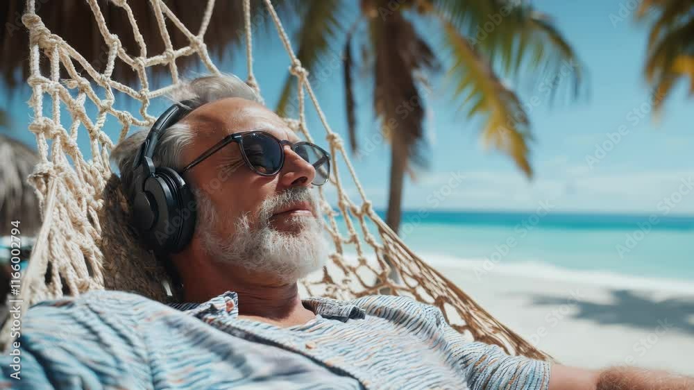 A senior man with sunglasses and headphones relaxes in a hammock on a sunny tropical beach, enjoying holidays.